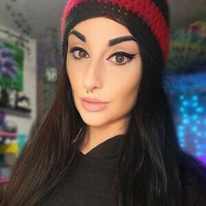 Crochet red and black striped beanie